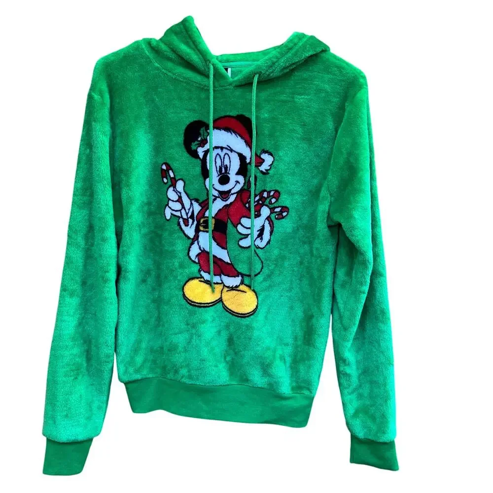 DISNEY'S MICKEY MOUSE SANTA HOODIE CHRISTMAS SWEATER WOMEN SOFT/FUZZY XS